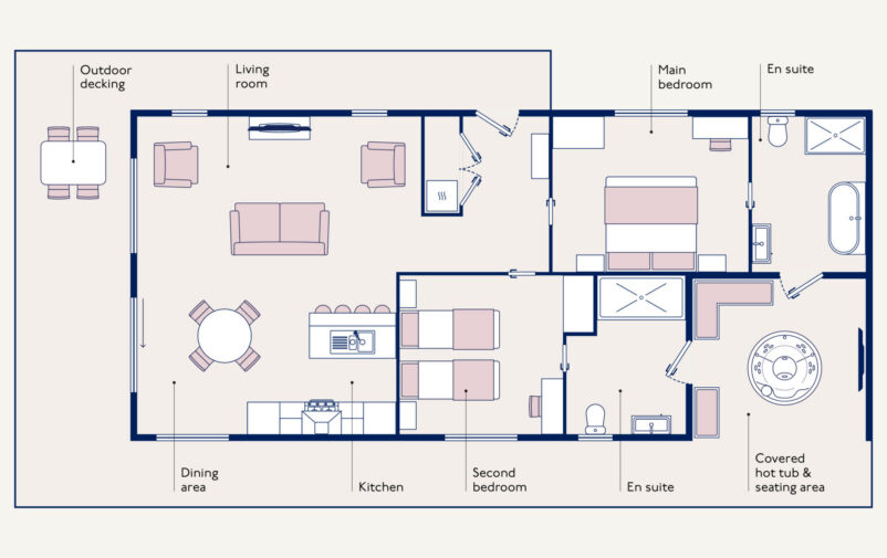 Detailed floor plan of a 2-bedroom lodge with hot tub at Lovat Parks.