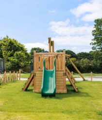 A swing set in a children's playground.