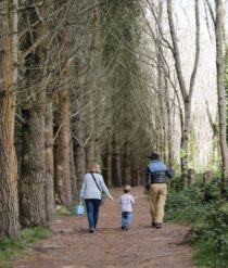 Two adults and a child in the middle walking through a forest.