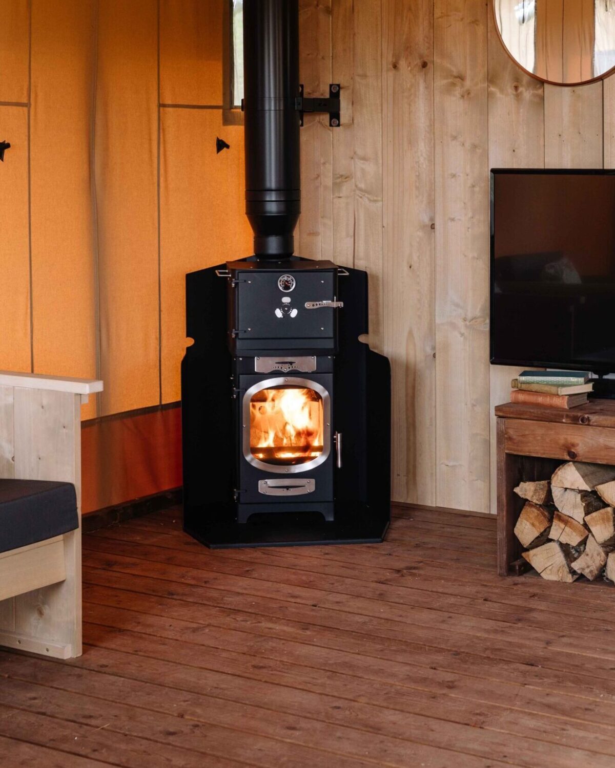 The fireplace in a safari tent.