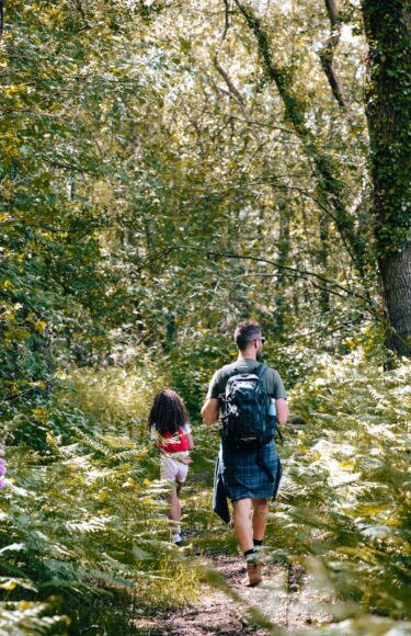 A dad and daughter walking through the forest.