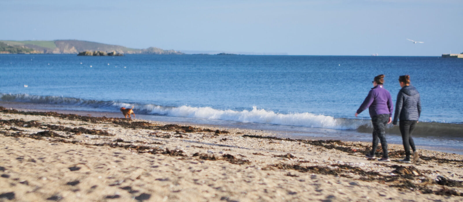 A couple walking down the beach.